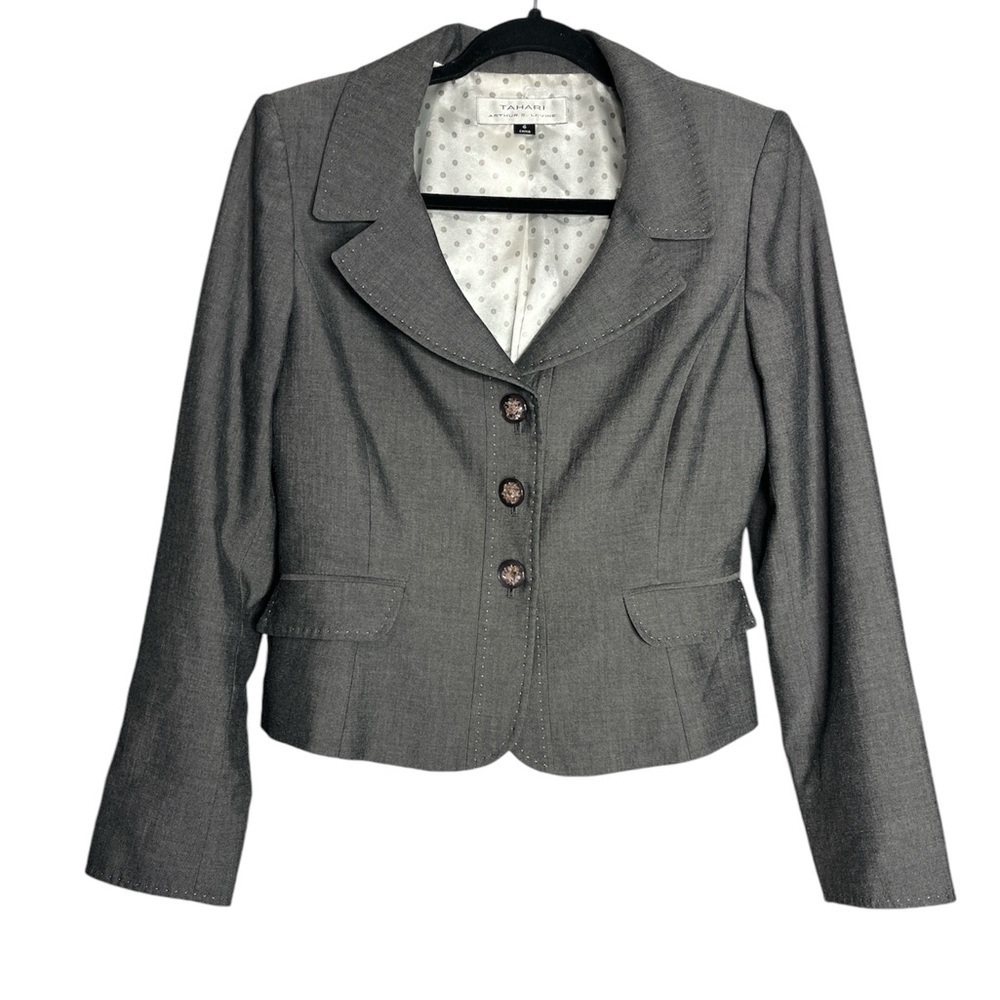 Tahari Arthur S Levine Classic Grey Blazer Jacket 3 Button, size 6